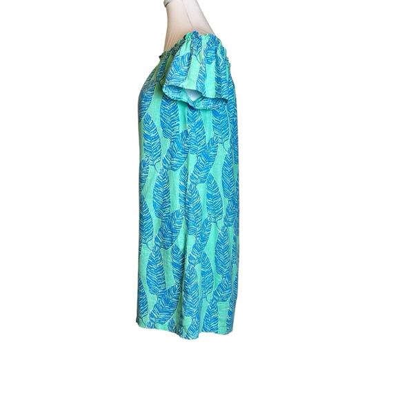 Vineyard Vines Off Shoulder Dress Size XS Green Blue Linen Blend Tropical Summer - Picture 2 of 10